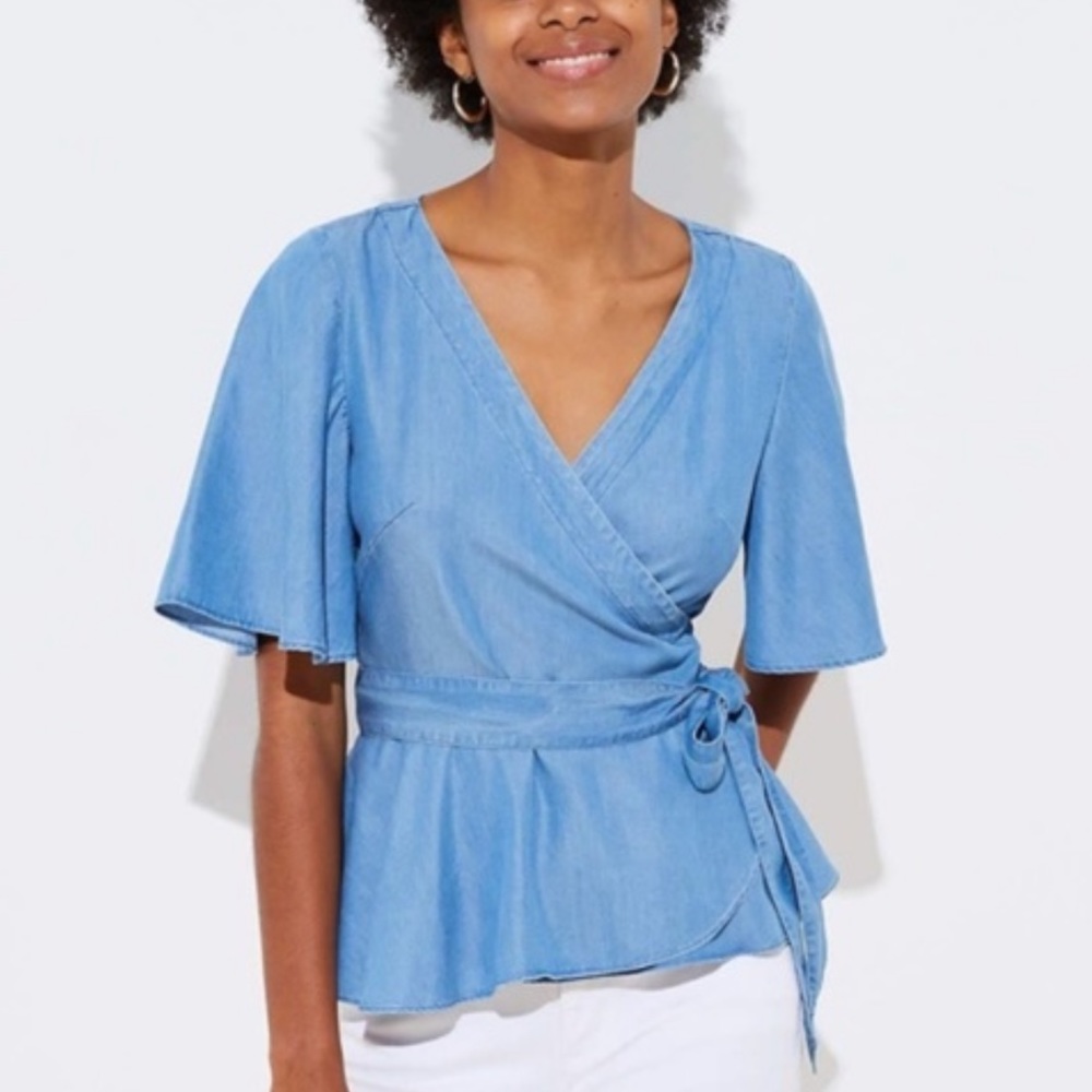 NEW LOFT Denim Chambray Flutter Sleeve Wrap Top